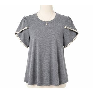 Reborn J Heather Petal Sleeve Tee with White Pom Pom Trim Size Medium Soft NWOT